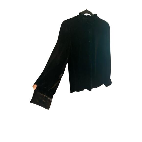 Talbots Black Velvet Long-Sleeve Blouse Ruffled Mandarin Collar Sz L Holiday - Picture 16 of 16